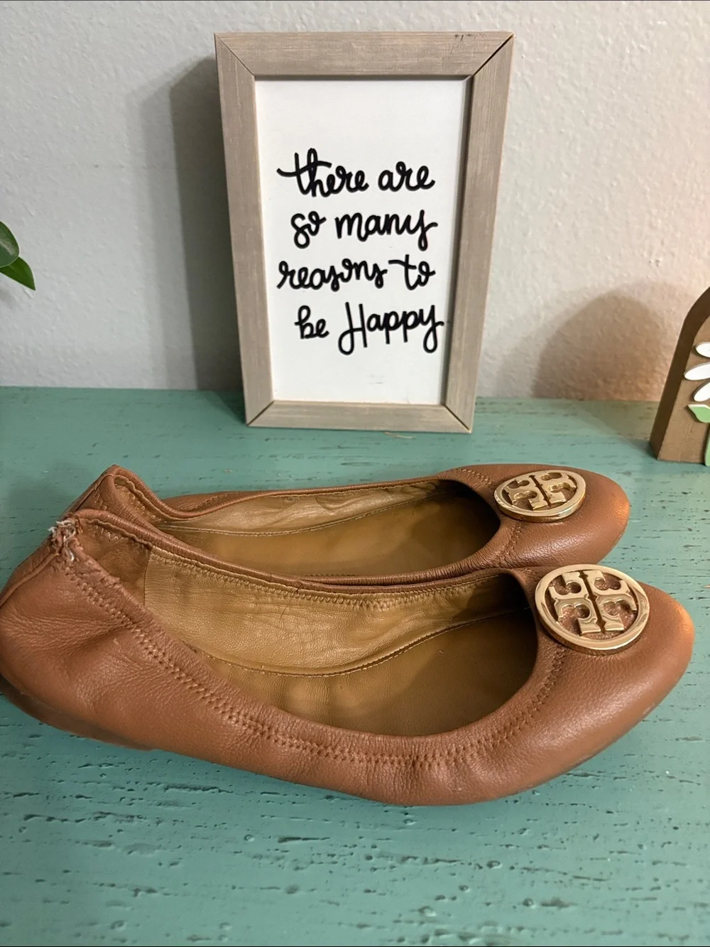 Tory Burch Tan Leather Ballet Flats with Gold Logo Medallion